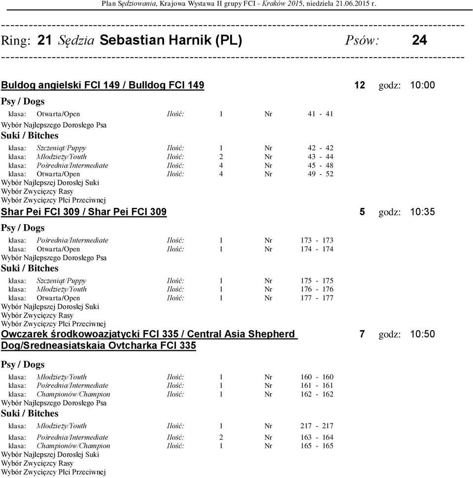 Ilość: 1 Nr 173-173 klasa: Otwarta/Open Ilość: 1 Nr 174-174 klasa: Szczeniąt/Puppy Ilość: 1 Nr 175-175 klasa: Młodzieży/Youth Ilość: 1 Nr 176-176 klasa: Otwarta/Open Ilość: 1 Nr 177-177 Owczarek