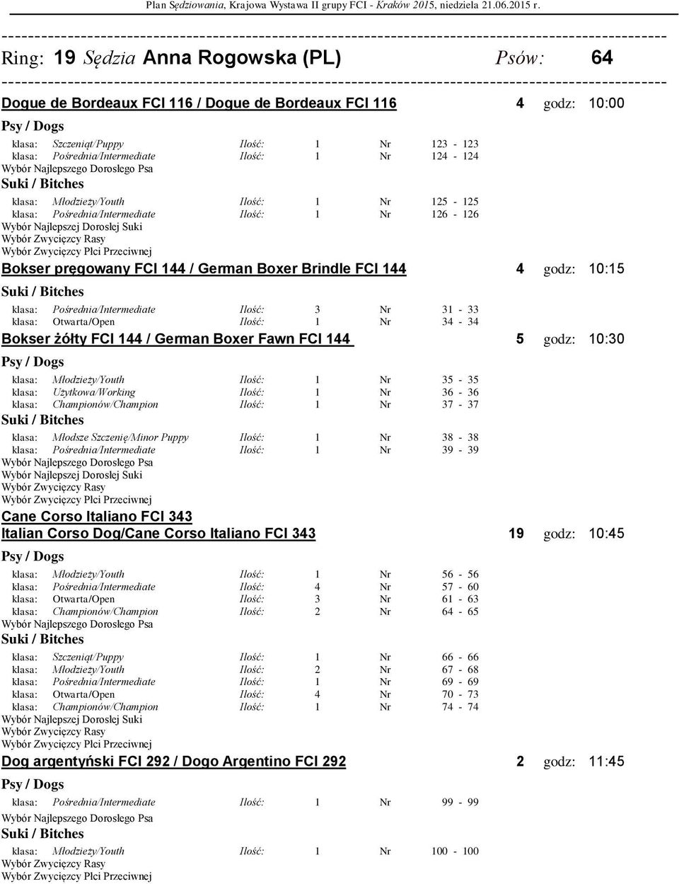 Pośrednia/Intermediate Ilość: 3 Nr 31-33 klasa: Otwarta/Open Ilość: 1 Nr 34-34 Bokser żółty FCI 144 / German Boxer Fawn FCI 144 5 godz: 10:30 klasa: Młodzieży/Youth Ilość: 1 Nr 35-35 klasa: