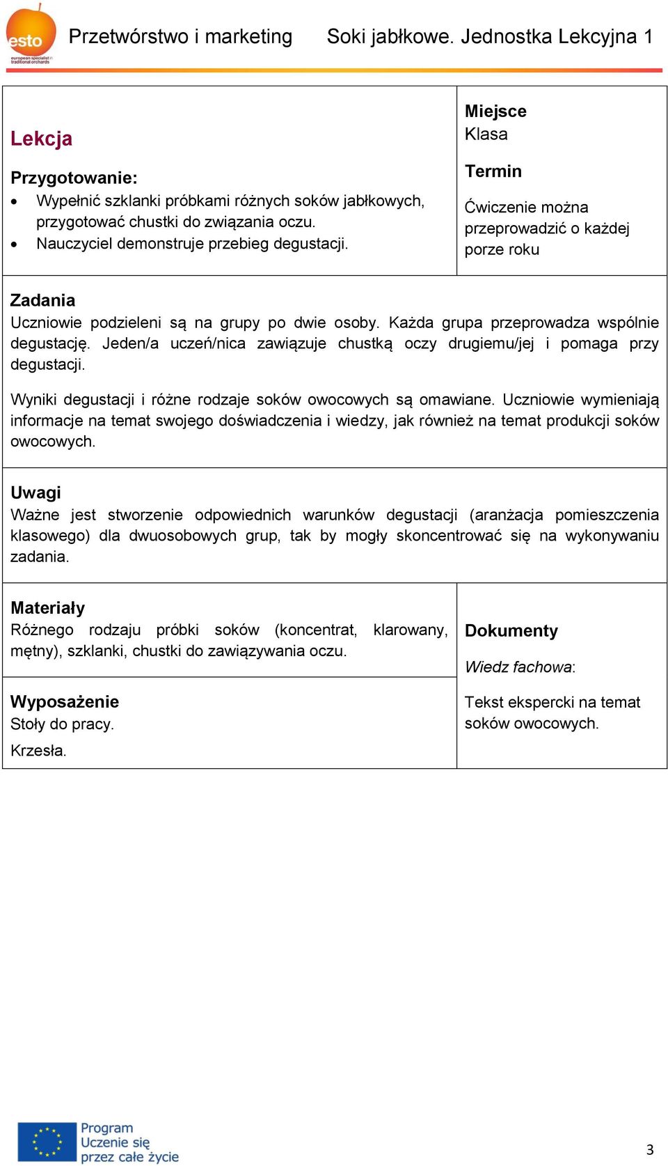 Każda grupa przeprowadza wspólnie degustację. Jeden/a uczeń/nica zawiązuje chustką oczy drugiemu/jej i pomaga przy degustacji. Wyniki degustacji i różne rodzaje soków owocowych są omawiane.