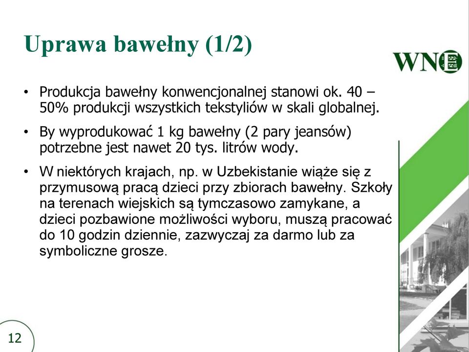 By wyprodukować 1 kg bawełny (2 pary jeansów) potrzebne jest nawet 20 tys. litrów wody. W niektórych krajach, np.