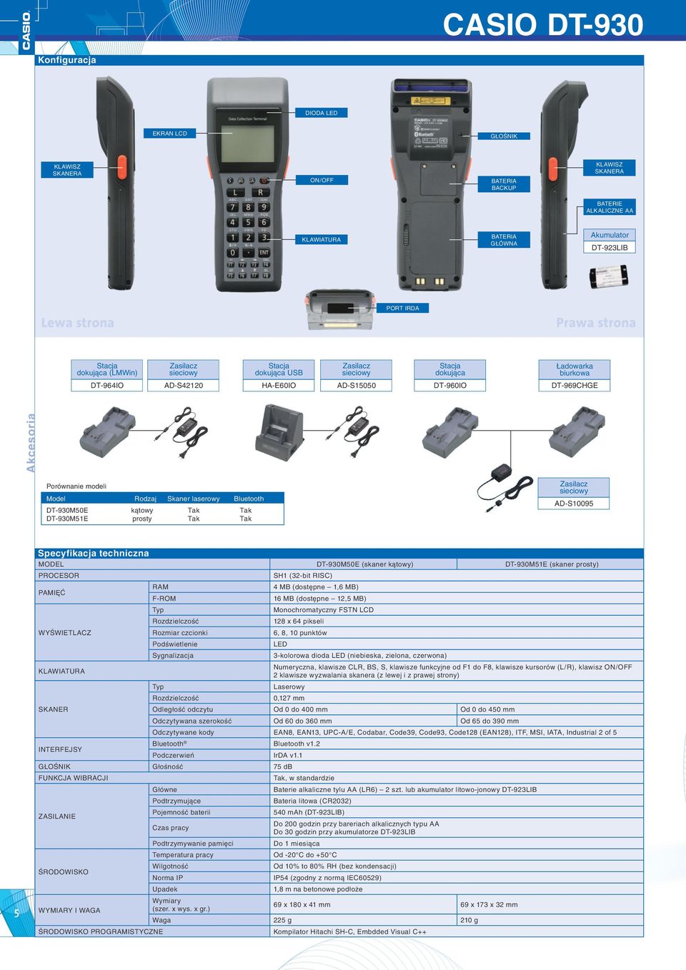 Skaner laserowy kątowy prosty Bluetooth ADS10095 Specyfikacja techniczna Model DT930M50E (skaner kątowy) Procesor Pamięć Wyświetlacz RAM 4 MB (dostępne 1,6 MB) FROM 16 MB (dostępne 12,5 MB)