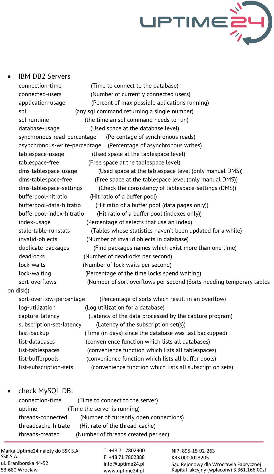 asynchronous-write-percentage (Percentage of asynchronous writes) tablespace-usage (Used space at the tablespace level) tablespace-free (Free space at the tablespace level) dms-tablespace-usage (Used