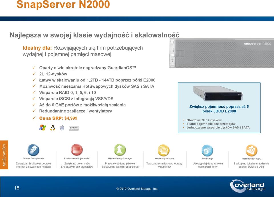 2TB - 144TB poprzez półki E2000 Możliwość mieszania HotSwapowych dysków SAS i SATA Wsparcie RAID 0, 1, 5, 6, i 10 Wsparcie iscsi z integracją VSS/VDS Aż do 6 GbE portów z możliwością scalenia