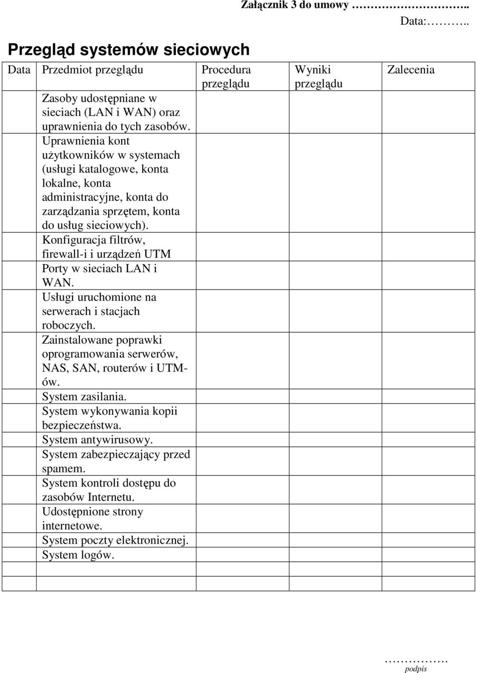 Konfiguracja filtrów, firewall-i i urządzeń UTM Porty w sieciach LAN i WAN. Usługi uruchomione na serwerach i stacjach roboczych.