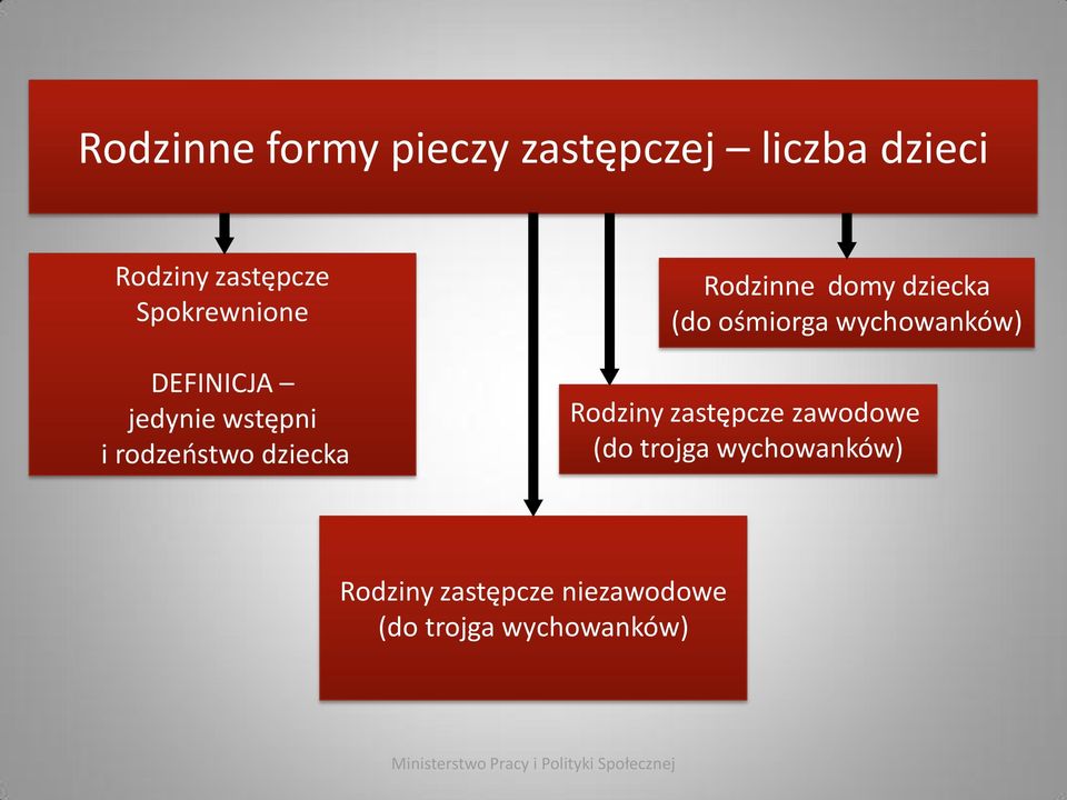 domy dziecka (do ośmiorga wychowanków) Rodziny zastępcze zawodowe (do