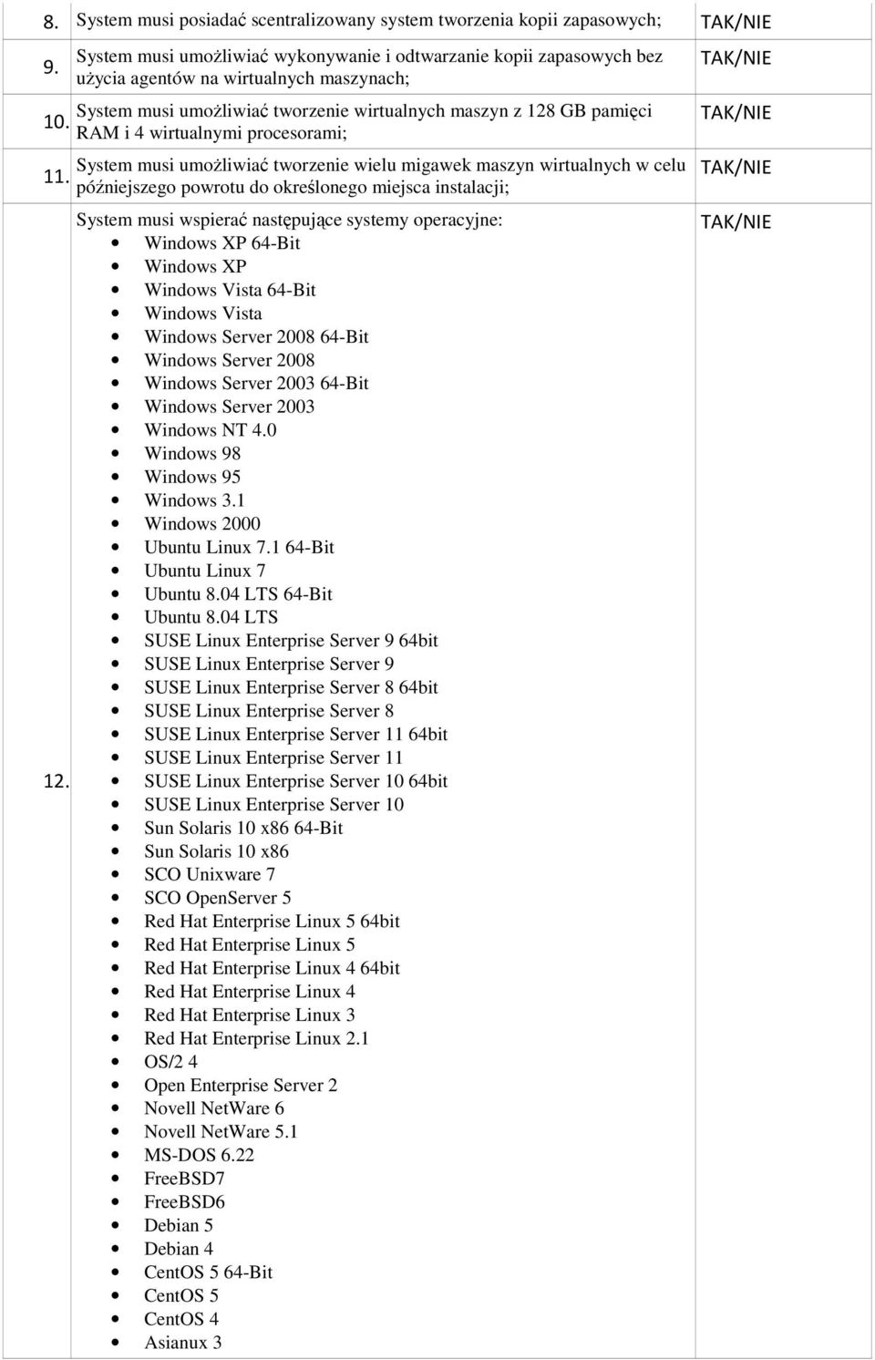 procesorami; System musi umoŝliwiać tworzenie wielu migawek maszyn wirtualnych w celu późniejszego powrotu do określonego miejsca instalacji; System musi wspierać następujące systemy operacyjne: