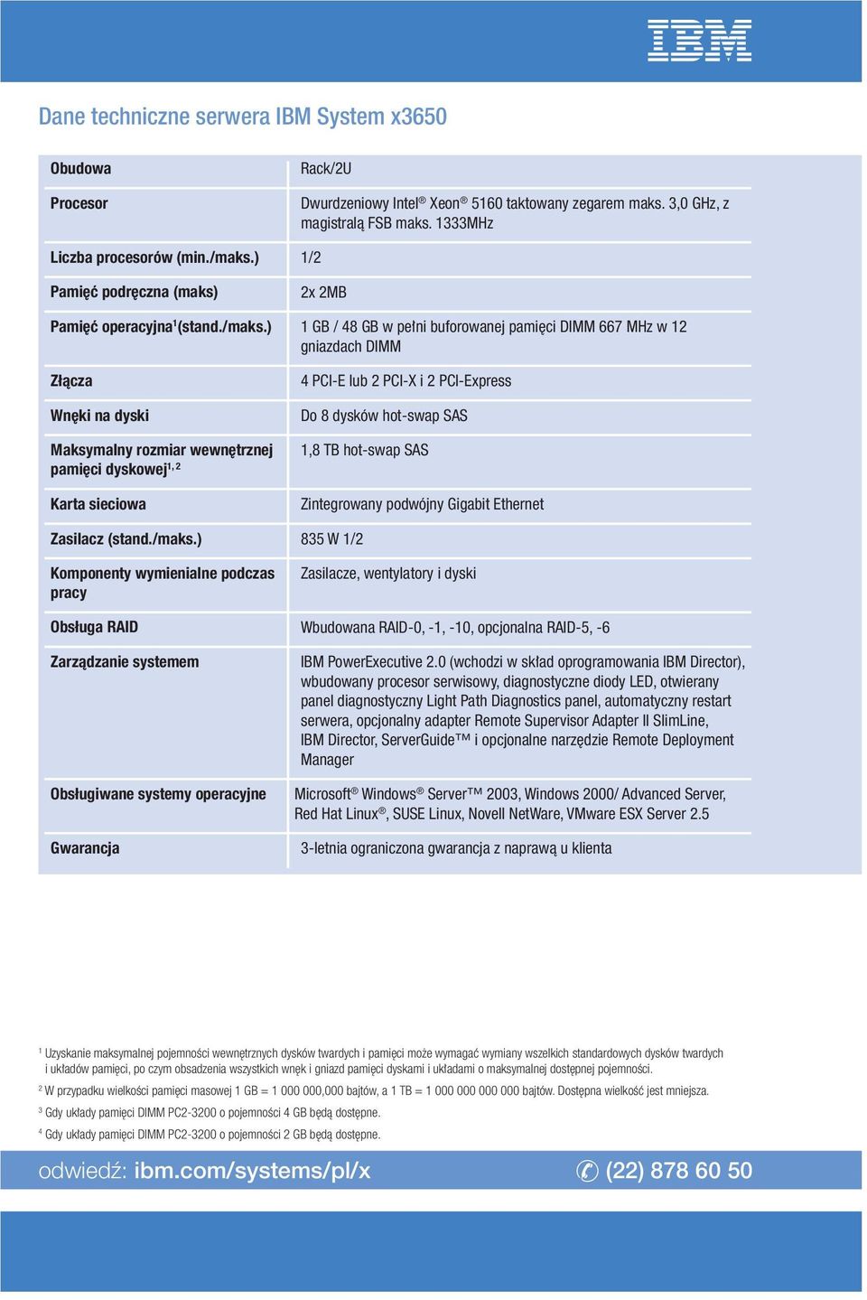 ) 1 GB / 48 GB w pe ni buforowanej pami ci DIMM 667 MHz w 12 gniazdach DIMM Złàcza Wn ki na dyski Maksymalny rozmiar wewn trznej pami ci dyskowej 1, 2 Karta sieciowa 4 PCI-E lub 2 PCI-X i 2