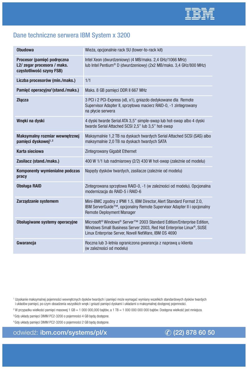 3,4 GHz/800 MHz) Liczba procesorów (min./maks.) 1/1 Pami ç operacyjna 1 (stand./maks.) Złàcza Wn ki na dyski Maksymalny rozmiar wewn trznej pami ci dyskowej 1, 2 Karta sieciowa Zasilacz (stand./maks.) Komponenty wymienialne podczas pracy Obsługa RAID Maks.