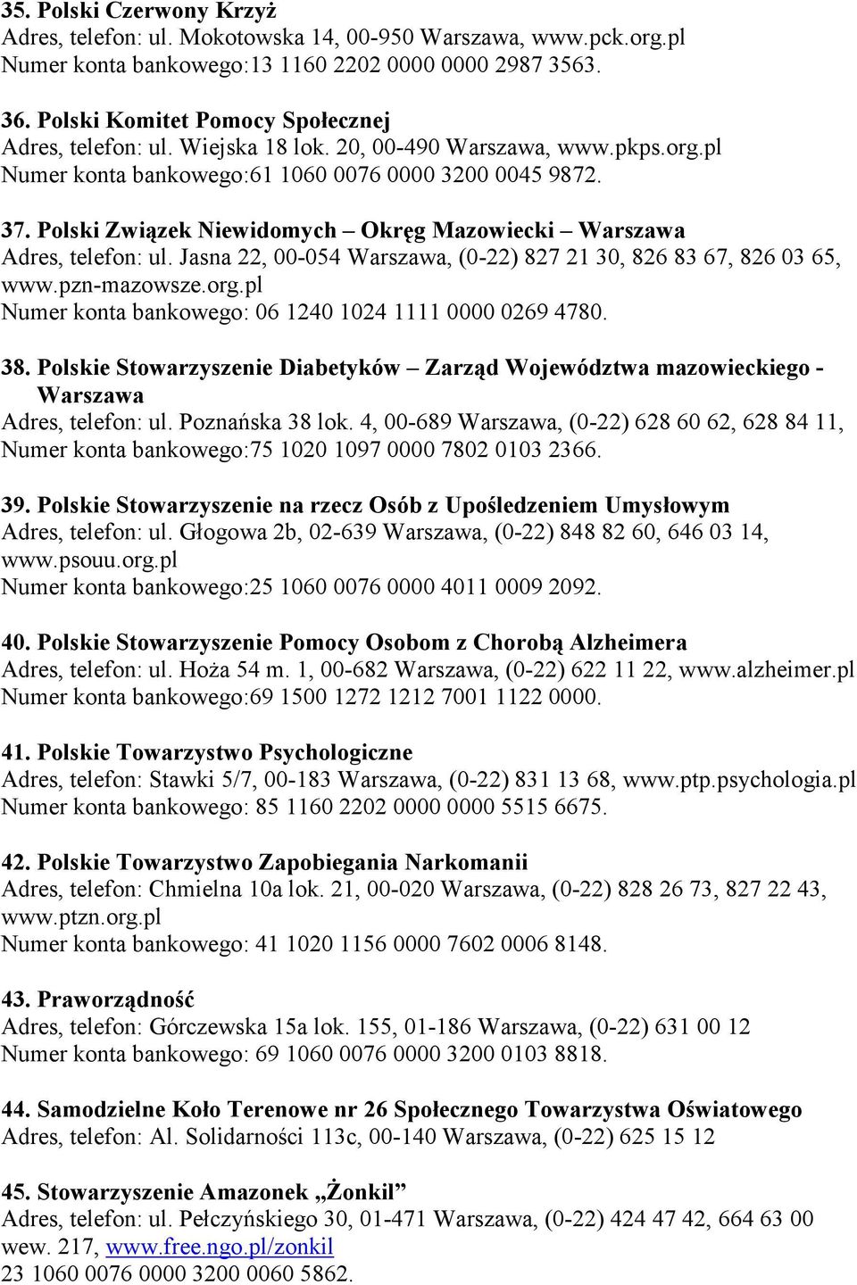 Polski Związek Niewidomych Okręg Mazowiecki Warszawa Adres, telefon: ul. Jasna 22, 00-054 Warszawa, (0-22) 827 21 30, 826 83 67, 826 03 65, www.pzn-mazowsze.org.