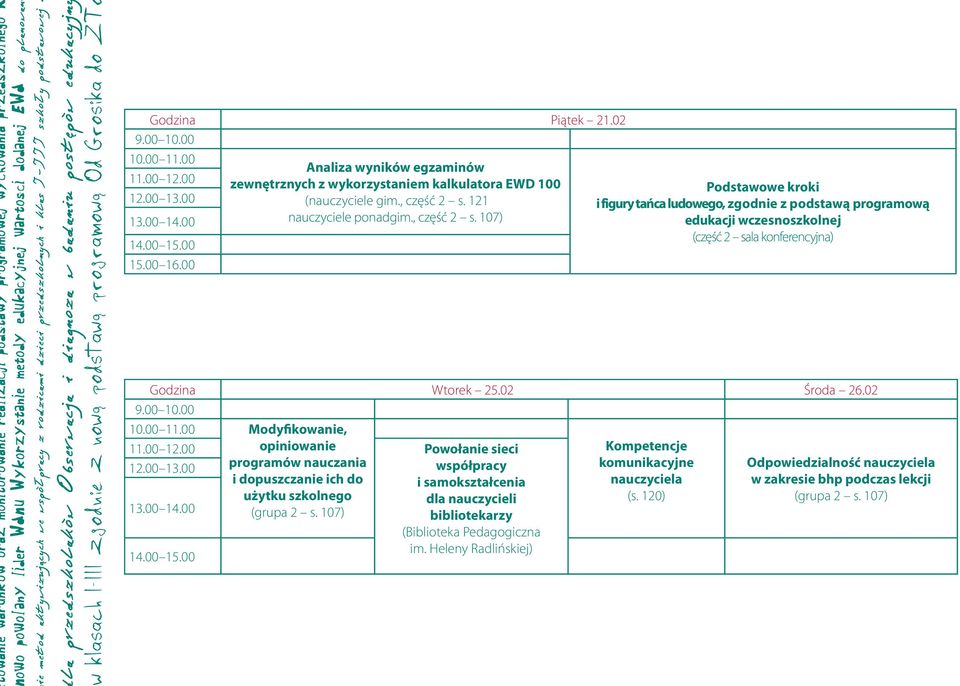 107) Podstawowe kroki i figury tańca ludowego, zgodnie z podstawą programową edukacji wczesnoszkolnej (część 2 sala konferencyjna) Godzina Wtorek 25.02 Środa 26.02 10.00 11.