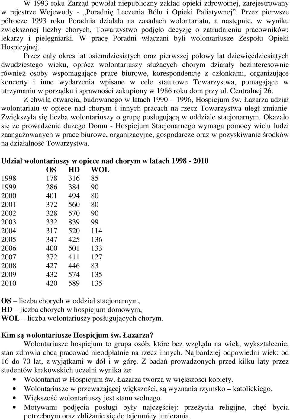 pielęgniarki. W pracę Poradni włączani byli wolontariusze Zespołu Opieki Hospicyjnej.