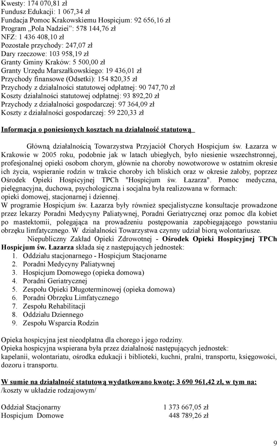 747,70 zł Koszty działalności statutowej odpłatnej: 93 892,20 zł Przychody z działalności gospodarczej: 97 364,09 zł Koszty z działalności gospodarczej: 59 220,33 zł Informacja o poniesionych