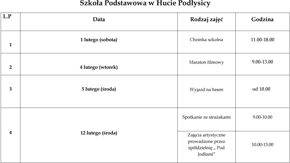 00 2 4 lutego (wtorek) Maraton filmowy 3 5 lutego (środa) Wyjazd na basen od 10.