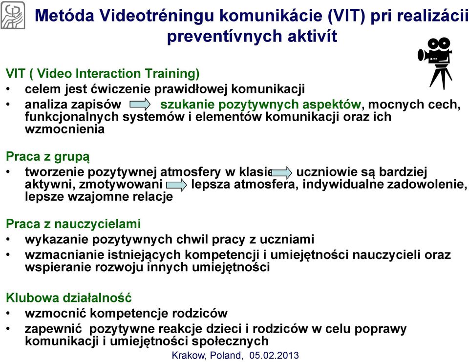 lepsza atmosfera, indywidualne zadowolenie, lepsze wzajomne relacje Praca z nauczycielami wykazanie pozytywnych chwil pracy z uczniami wzmacnianie istniejących kompetencji i umiejętności