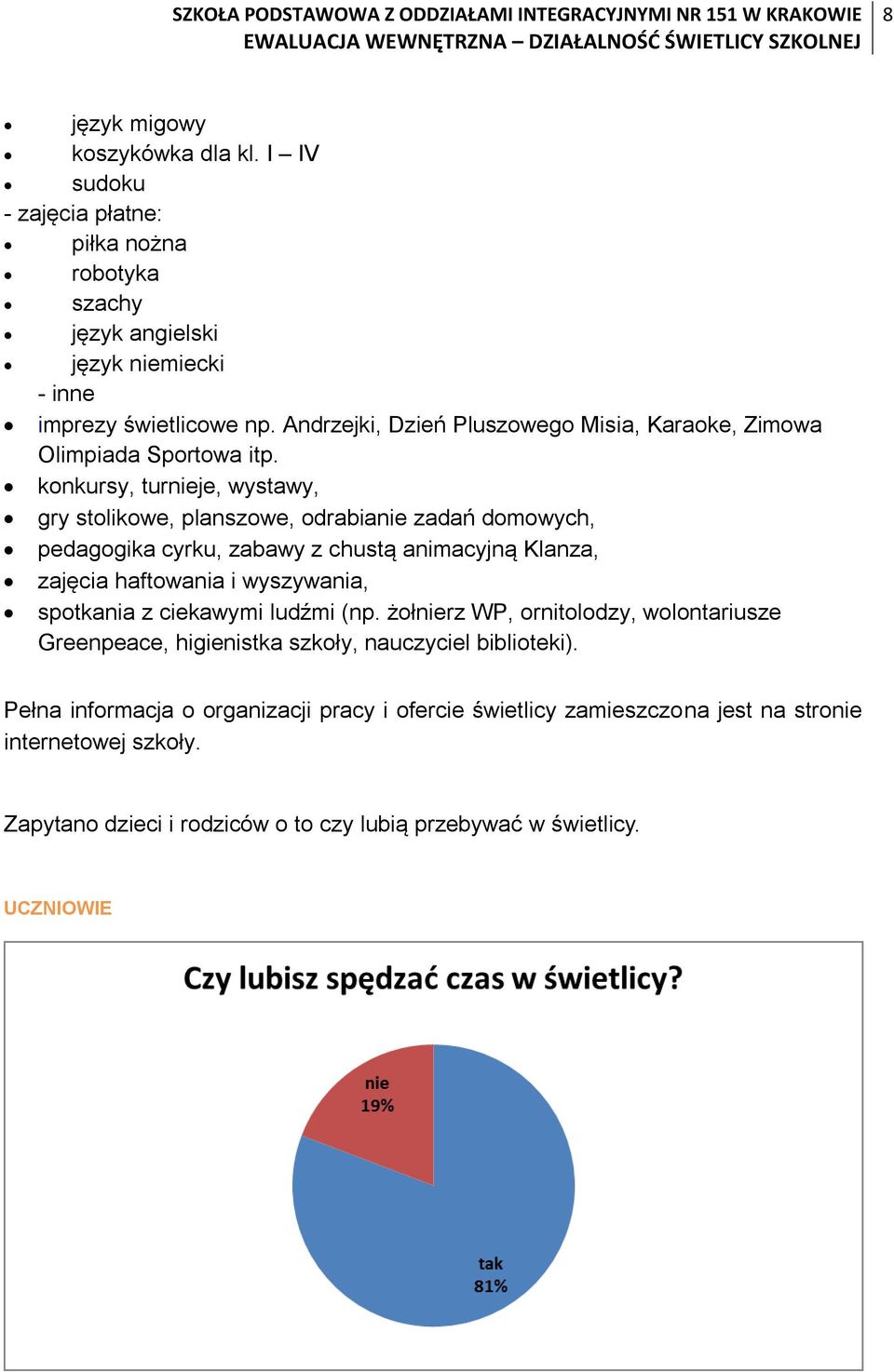 konkursy, turnieje, wystawy, gry stolikowe, planszowe, odrabianie zadań domowych, pedagogika cyrku, zabawy z chustą animacyjną Klanza, zajęcia haftowania i wyszywania, spotkania