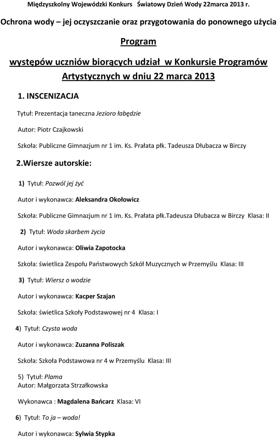 INSCENIZACJA Tytuł: Prezentacja taneczna Jezioro łabędzie Autor: Piotr Czajkowski Szkoła: Publiczne Gimnazjum nr 1 im. Ks. Prałata płk. Tadeusza Dłubacza w Birczy 2.