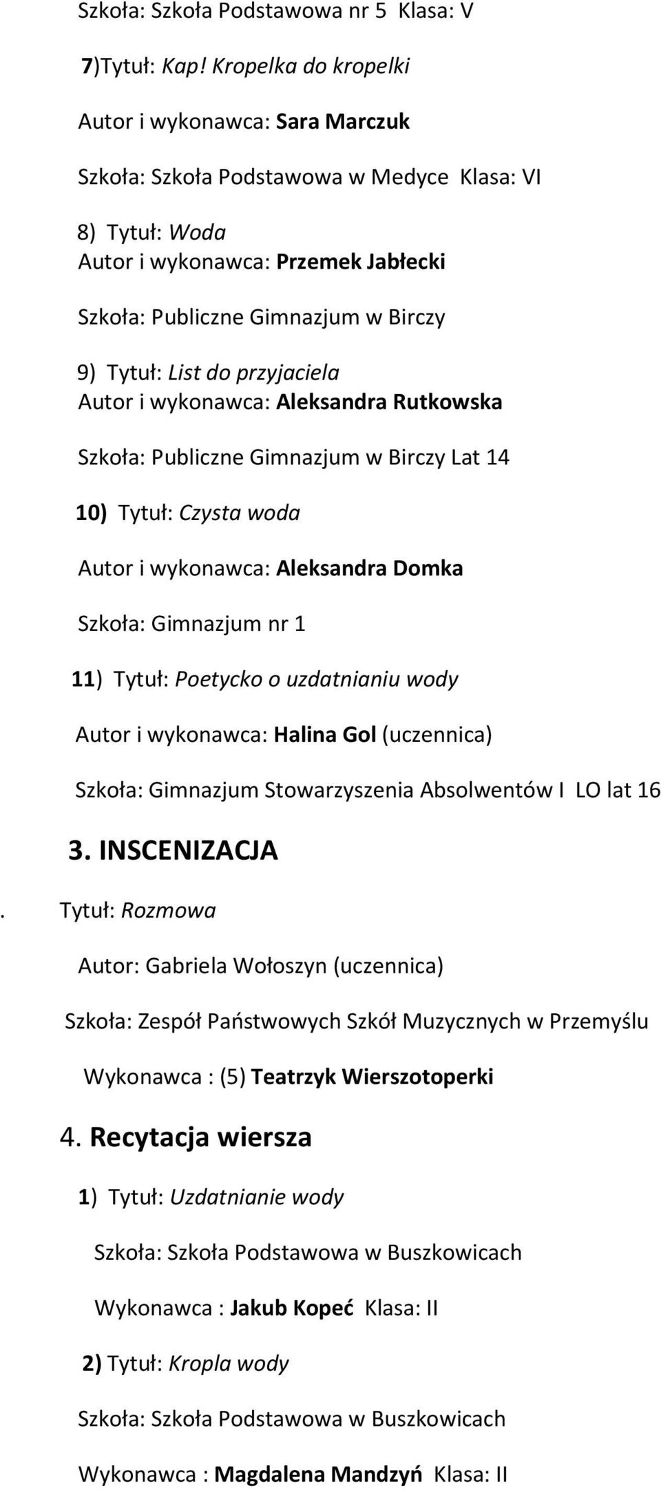 List do przyjaciela Autor i wykonawca: Aleksandra Rutkowska Szkoła: Publiczne Gimnazjum w Birczy Lat 14 10) Tytuł: Czysta woda Autor i wykonawca: Aleksandra Domka Szkoła: Gimnazjum nr 1 11) Tytuł: