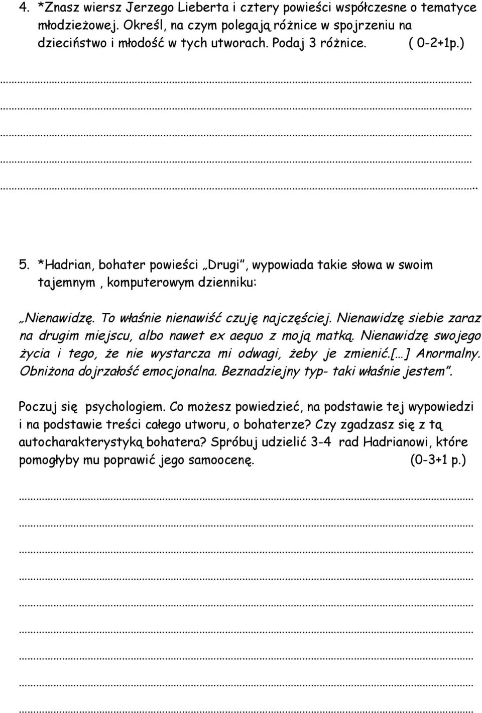 Nienawidzę siebie zaraz na drugim miejscu, albo nawet ex aequo z moją matką. Nienawidzę swojego życia i tego, że nie wystarcza mi odwagi, żeby je zmienić.[ ] Anormalny.