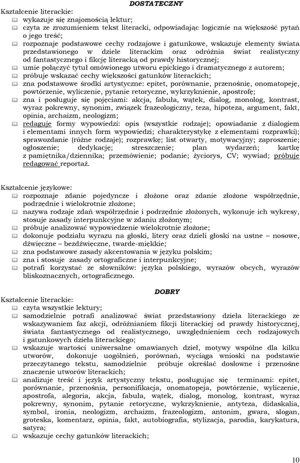 dramatycznego z autorem; próbuje wskazać cechy większości gatunków literackich; zna podstawowe środki artystyczne: epitet, porównanie, przenośnię, onomatopeję, powtórzenie, wyliczenie, pytanie