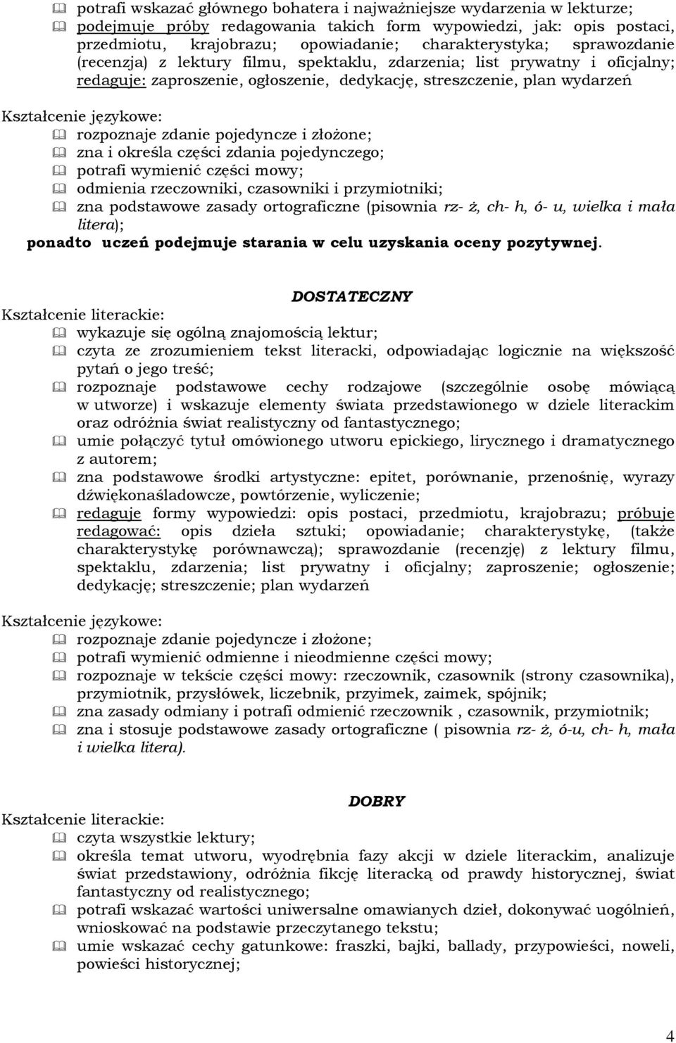 złożone; zna i określa części zdania pojedynczego; potrafi wymienić części mowy; odmienia rzeczowniki, czasowniki i przymiotniki; zna podstawowe zasady ortograficzne (pisownia rz- ż, ch- h, ó- u,