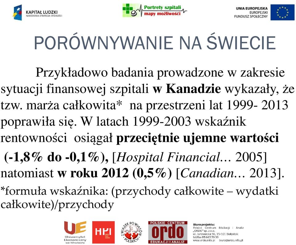 W latach 1999-2003 wskaźnik rentowności osiągał przeciętnie ujemne wartości (-1,8% do -0,1%), [Hospital