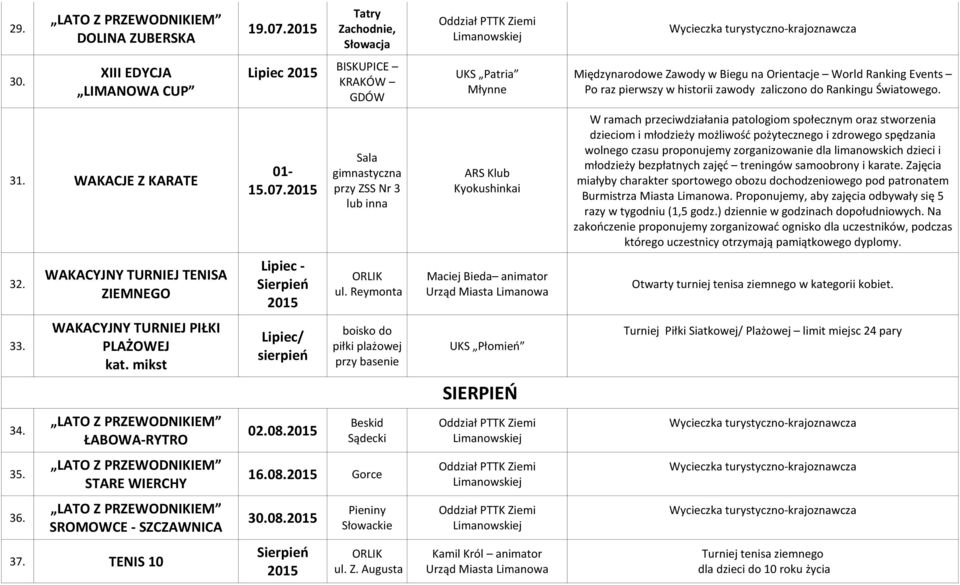 Światowego. 31. WAKACJE Z KARATE 01-15.07.