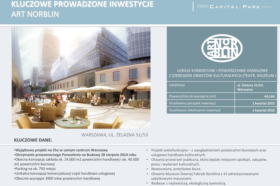 ŻELAZNA 51/53 Wyjątkowy projekt na 2ha w samym centrum Warszawy Otrzymanie prawomocnego Pozwolenia na Budowę 28 sierpnia 2014 roku Obecna koncepcja zakłada ok. 24.000 m2 powierzchni handlowej i ok.