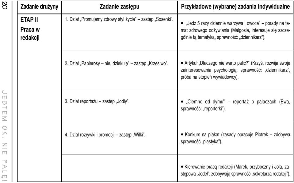 Artykuł Dlaczego nie warto palić? (Krzyś, rozwija swoje zainteresowania psychologią, sprawność: dziennikarz, próba na stopień wywiadowcy). J E S T E M O K. N I E P A L Ę! 3.