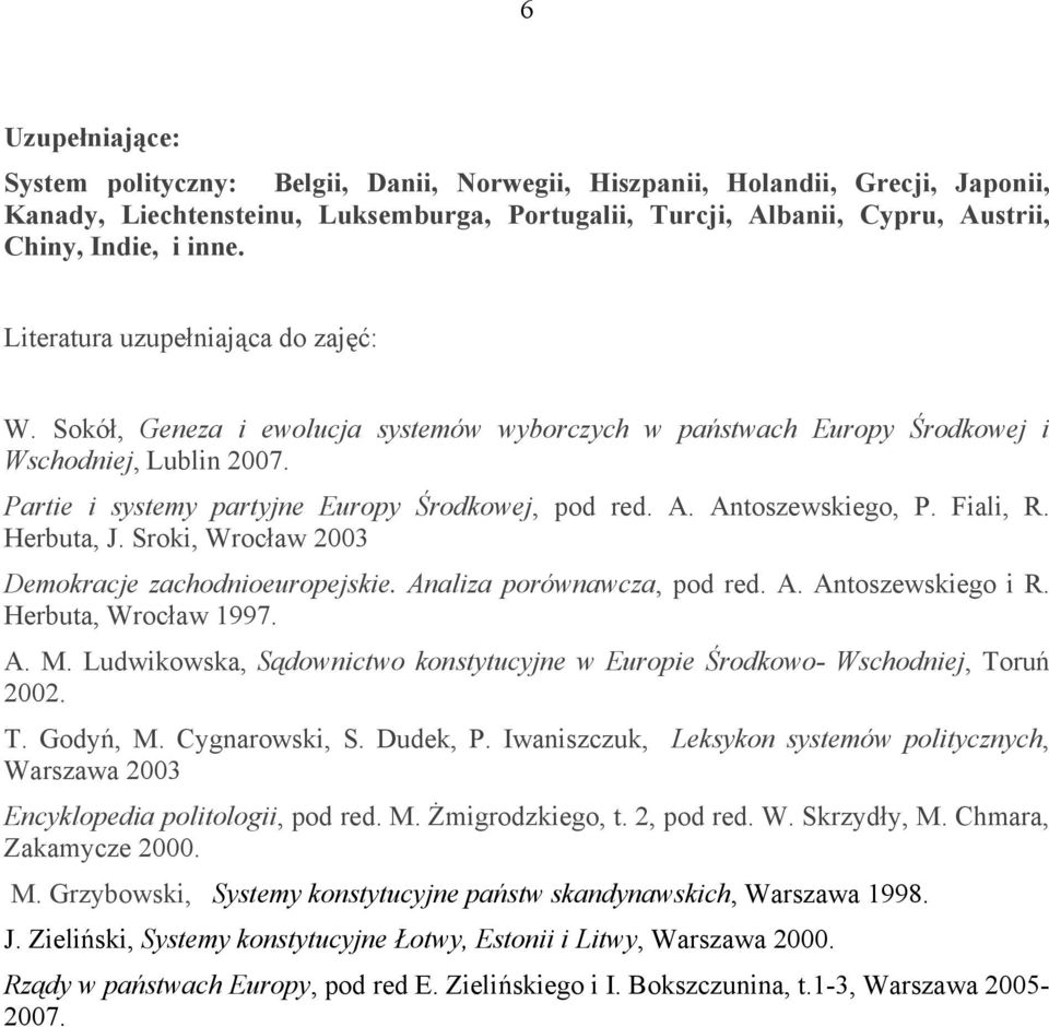 Antoszewskiego, P. Fiali, R. Herbuta, J. Sroki, Wrocław 2003 Demokracje zachodnioeuropejskie. Analiza porównawcza, pod red. A. Antoszewskiego i R. Herbuta, Wrocław 1997. A. M.