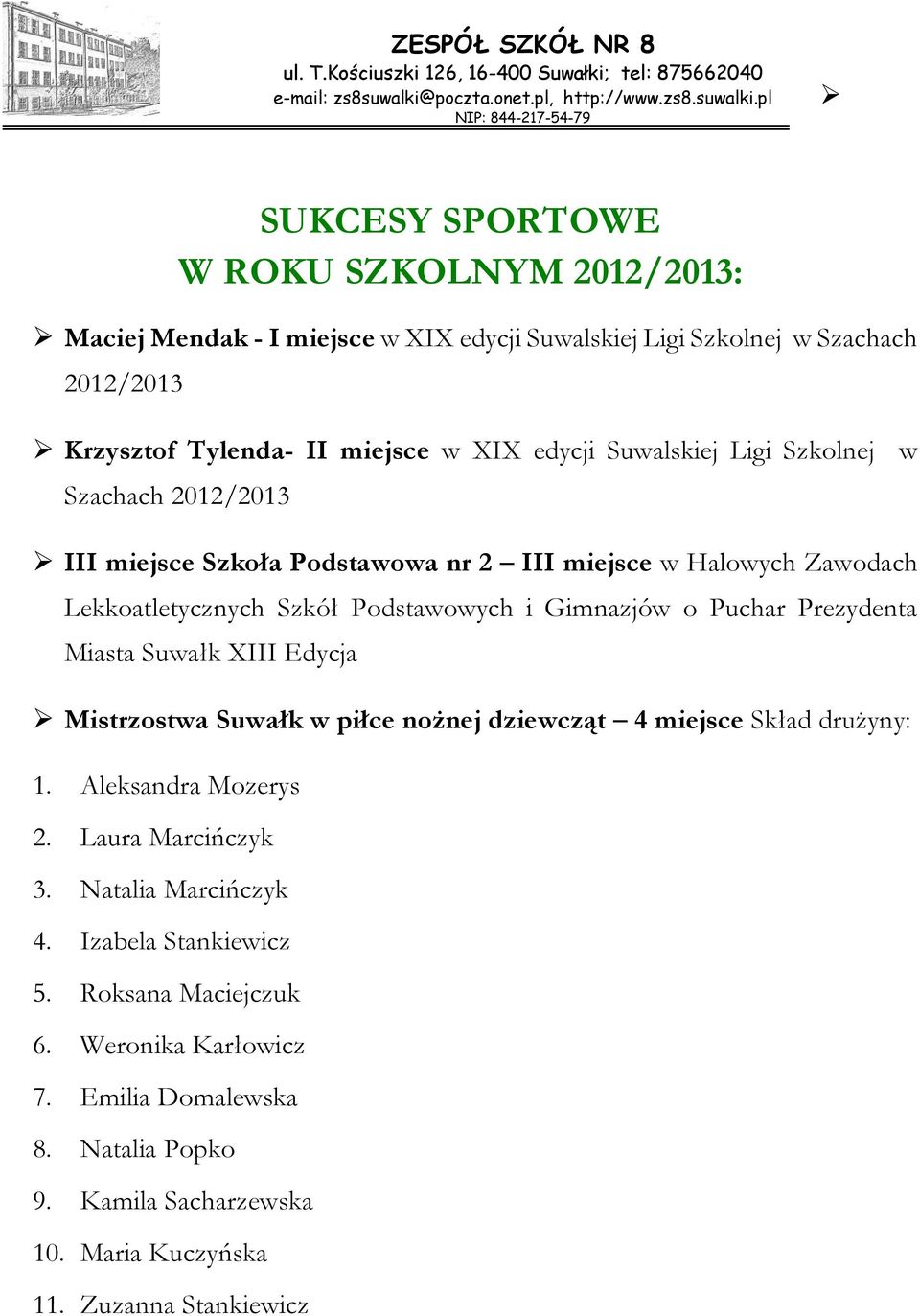 Gimnazjów o Puchar Prezydenta Miasta Suwałk XIII Edycja Mistrzostwa Suwałk w piłce nożnej dziewcząt 4 miejsce 1. Aleksandra Mozerys 2. Laura Marcińczyk 3.