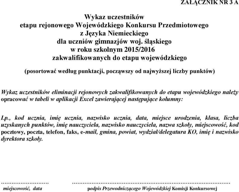 zakwalifikowanych do etapu wojewódzkiego należy opracować w tabeli w aplikacji Excel zawierającej następujące kolumny: Lp.