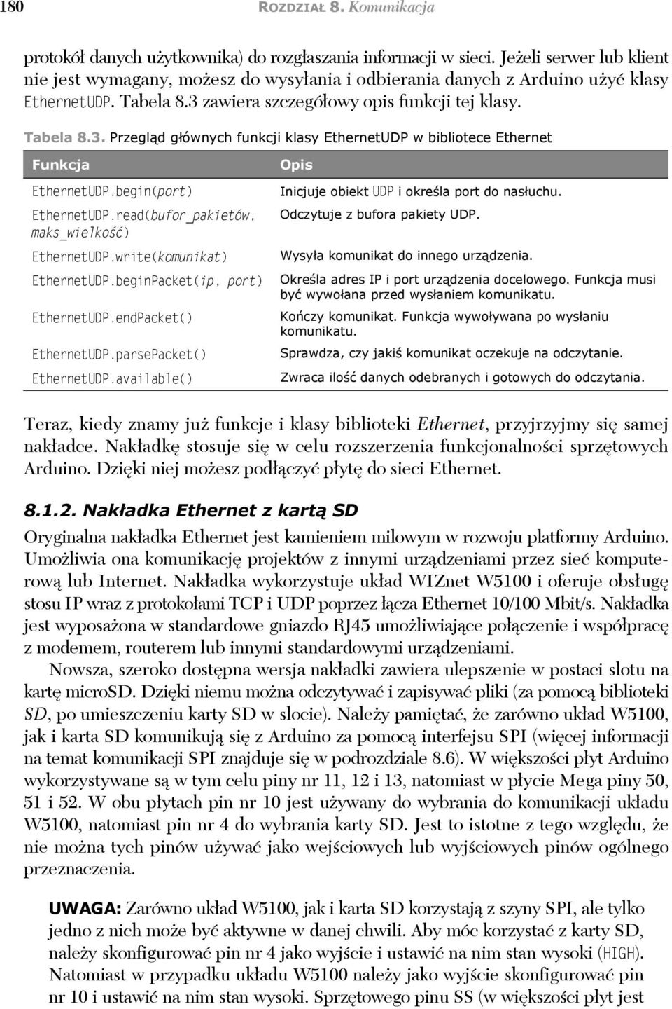 zawiera szczegó owy opis funkcji tej klasy. Tabela 8.3. Przegl d g ównych funkcji klasy EthernetUDP w bibliotece Ethernet Funkcja EthernetUDP.begin(port) EthernetUDP.