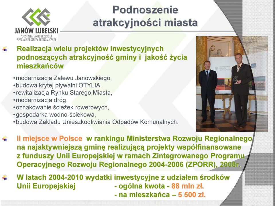 II miejsce w Polsce w rankingu Ministerstwa Rozwoju Regionalnego na najaktywniejszą gminę realizującą projekty współfinansowane z funduszy Unii Europejskiej w ramach Zintegrowanego Programu