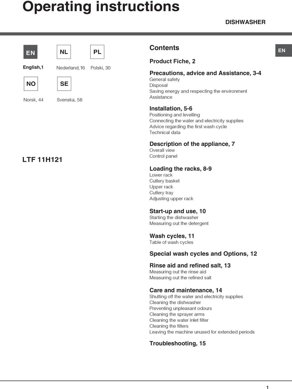 data LTF 11H121 Description of the appliance, 7 Overall view Control panel Loading the racks, 8-9 Lower rack Cutlery basket Upper rack Cutlery tray Adjusting upper rack Start-up and use, 10 Starting