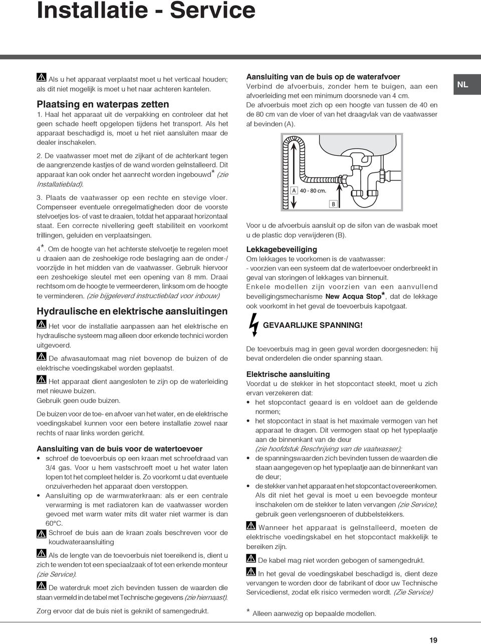 De vaatwasser moet met de zijkant of de achterkant tegen de aangrenzende kastjes of de wand worden geïnstalleerd. Dit apparaat kan ook onder het aanrecht worden ingebouwd* (zie Installatieblad). 3.