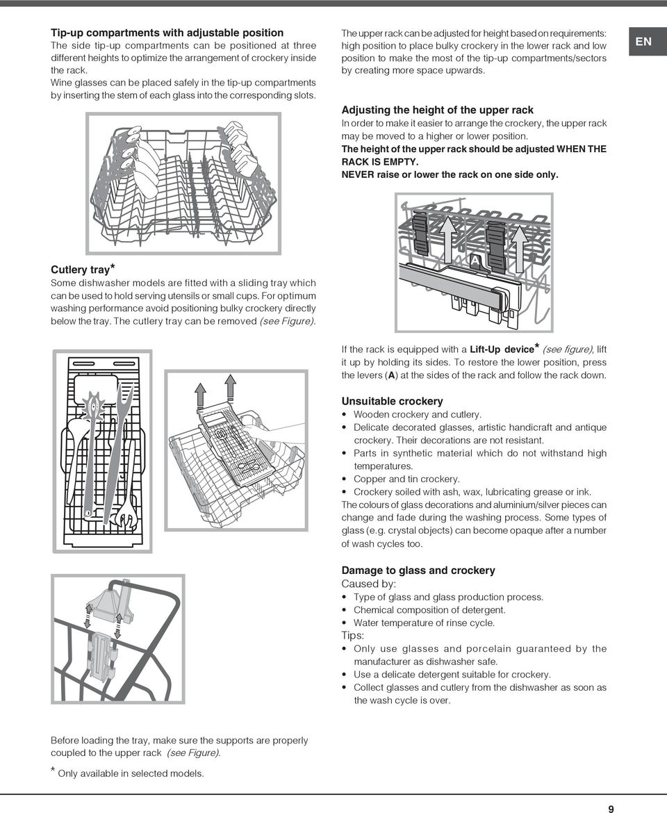 The upper rack can be adjusted for height based on requirements: high position to place bulky crockery in the lower rack and low position to make the most of the tip-up compartments/sectors by