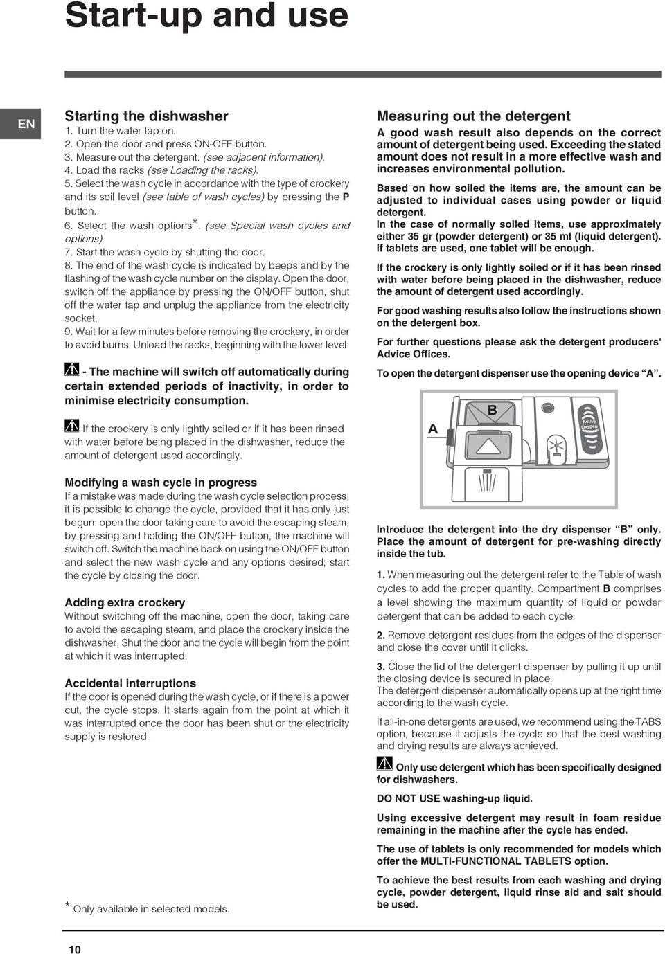 Select the wash options*. (see Special wash cycles and options). 7. Start the wash cycle by shutting the door. 8.