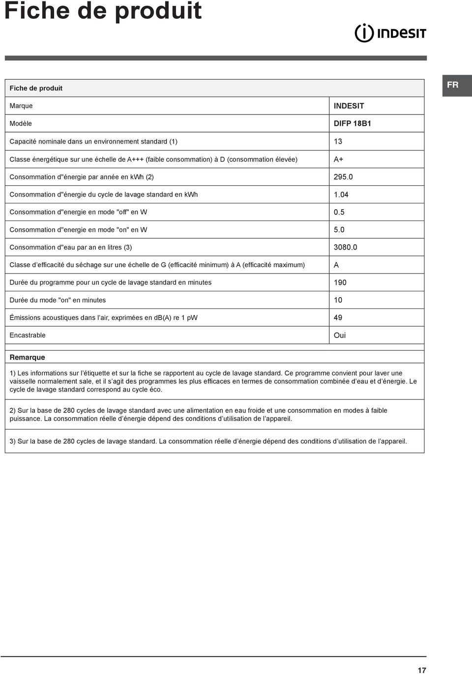 5 Consommation d''energie en mode "on" en W 5.0 Consommation d''eau par an en litres (3) 3080.