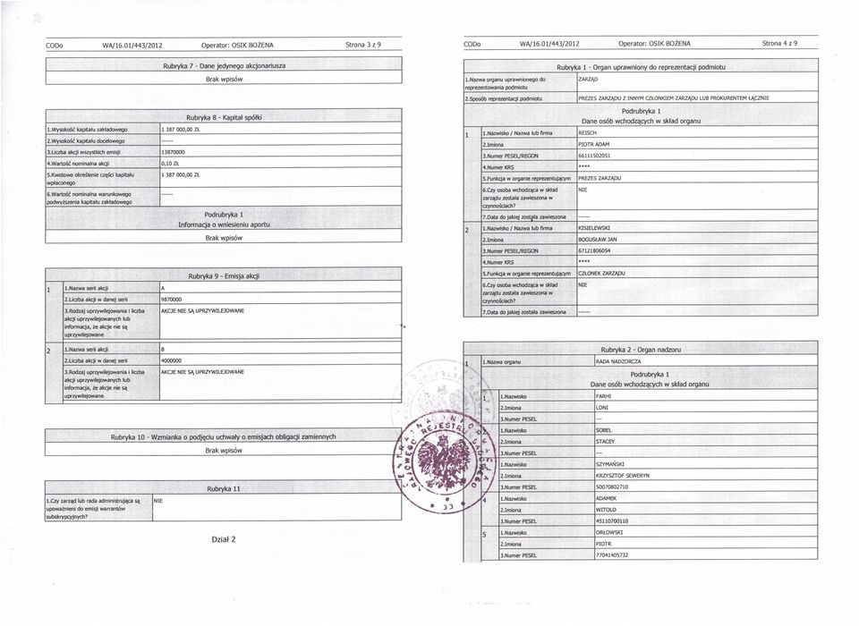 wysokość kapitału zakładowego PREZES ZARZĄDU Z INNYM CZŁONKIEM ZARZĄDU LUB PROKURENTEM ŁĄCZ 387 000,00 ZŁ.Nazwisko / Nazwa lub firma Wysokość kapitału docełowego 3.