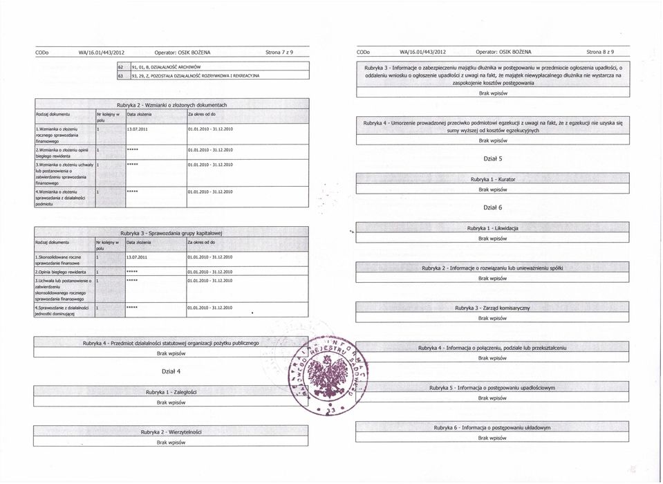 majątek niewypłacalnego dłużnika nie wystarcza na zaspokojenie kosztów postępowania Rubryka 2 - Wzmianki o złożonych dokumentach Rodzaj dokumentu Nr kolejny w Data złożenia Za okres od do 3.07.20 0.0.200-3.