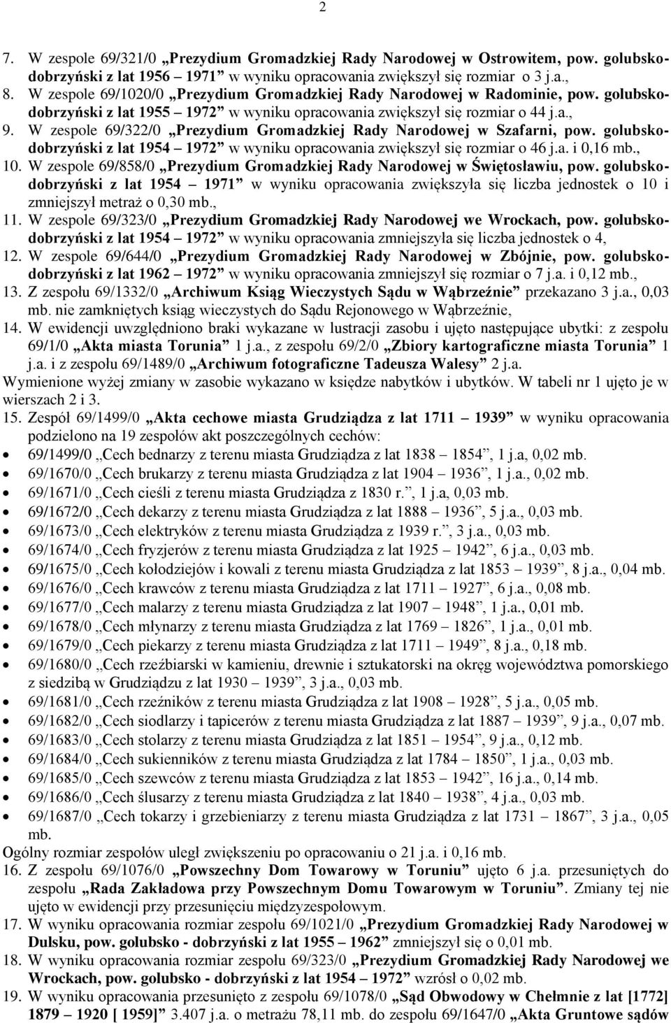 W zespole 69/322/0 Prezydium Gromadzkiej Rady Narodowej w Szafarni, pow. golubskodobrzyński z lat 1954 1972 w wyniku opracowania zwiększył się rozmiar o 46 j.a. i 0,16 mb., 10.