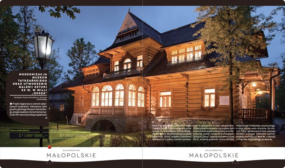 Odnowiono dach gmachu głównego Muzeum Tatrzańskiego, przeprowadzono remont konserwatorski XIX-wiecznej chałupy Gąsieniców 3'100 000,- 5 100 000,- wraz z jej adaptacją na Muzeum Stylu Zakopiańskiego,