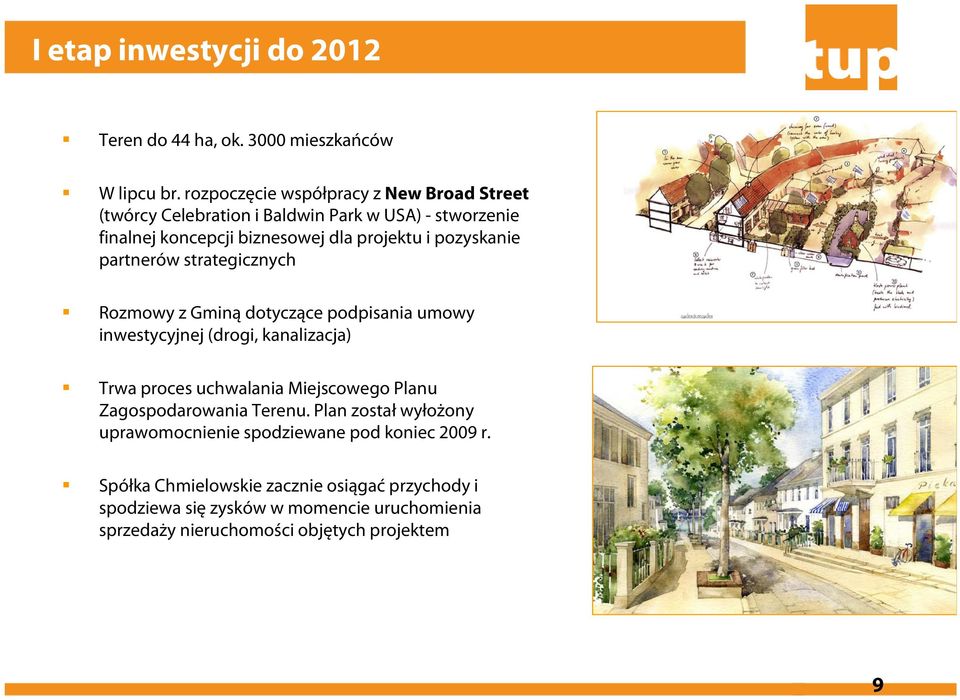 pozyskanie partnerów strategicznych Rozmowy z Gminą dotyczące podpisania umowy inwestycyjnej (drogi, kanalizacja) Trwa proces uchwalania Miejscowego