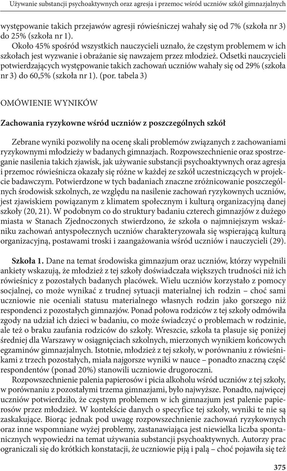 Odsetki nauczycieli potwierdzających występowanie takich zachowań uczniów wahały się od 29% (szkoła nr 3) do 60,5% (szkoła nr 1). (por.