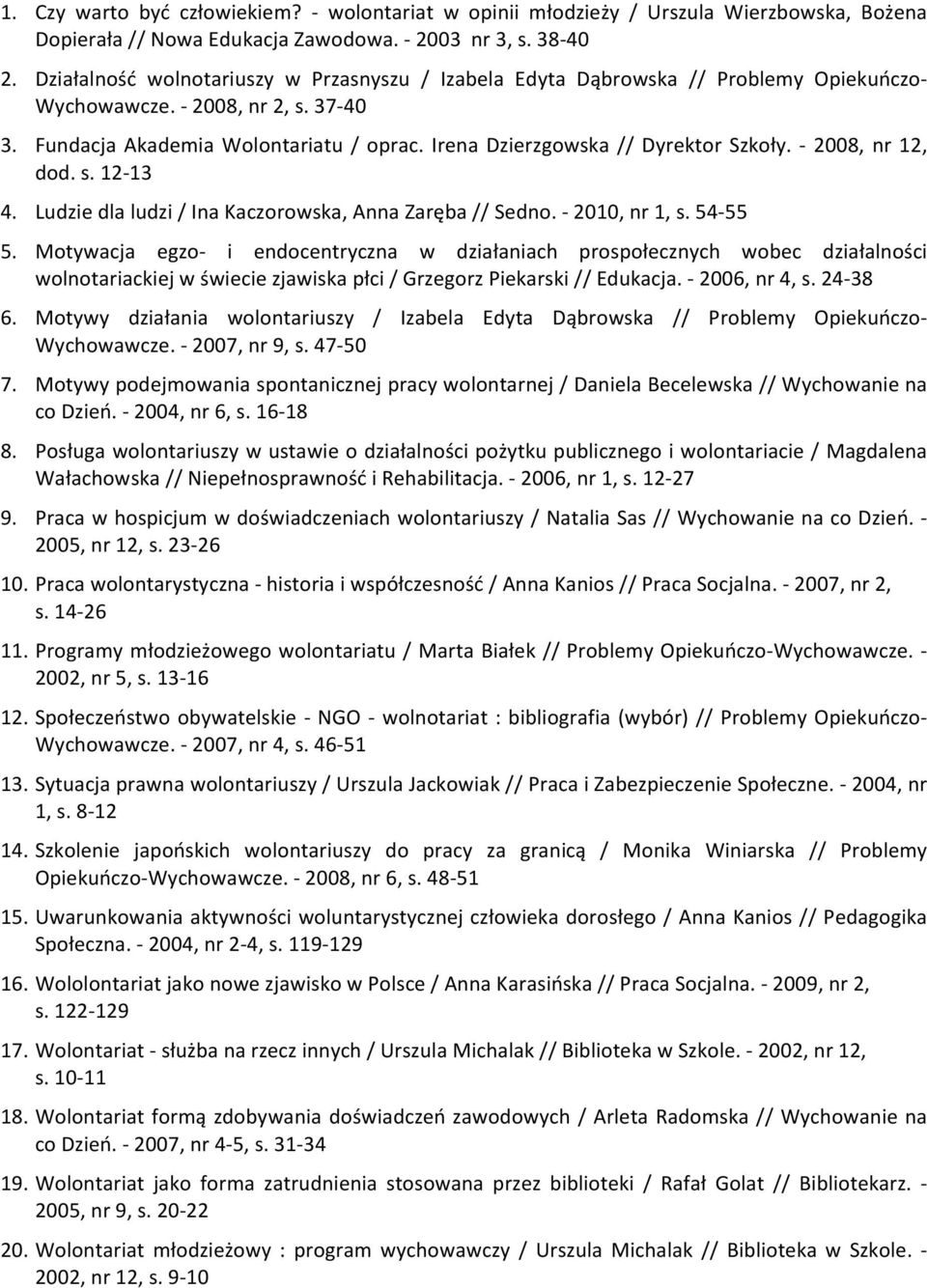 Irena Dzierzgowska // Dyrektor Szkoły. - 2008, nr 12, dod. s. 12-13 4. Ludzie dla ludzi / Ina Kaczorowska, Anna Zaręba // Sedno. - 2010, nr 1, s. 54-55 5.
