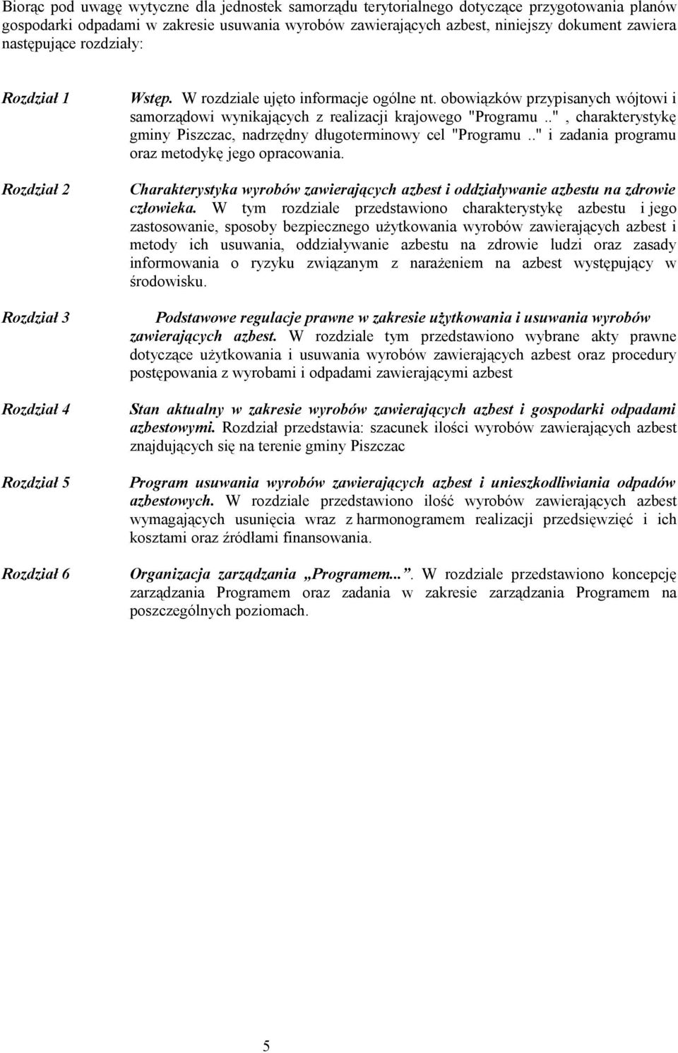 obowiązków przypisanych wójtowi i samorządowi wynikających z realizacji krajowego "Programu..", charakterystykę gminy Piszczac, nadrzędny długoterminowy cel "Programu.