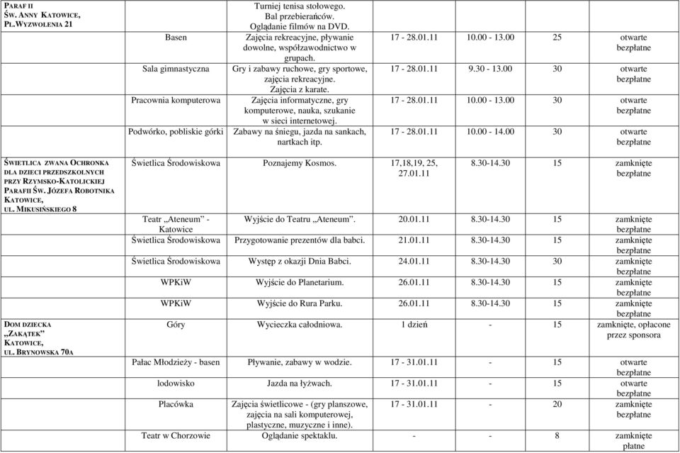 Zajęcia informatyczne, gry komputerowe, nauka, szukanie w sieci internetowej. Zabawy na śniegu, jazda na sankach, nartkach itp. 17-28.01.11 10.00-13.00 25 17-28.01.11 9.30-13.00 30 17-28.01.11 10.00-13.00 30 17-28.01.11 10.00-14.