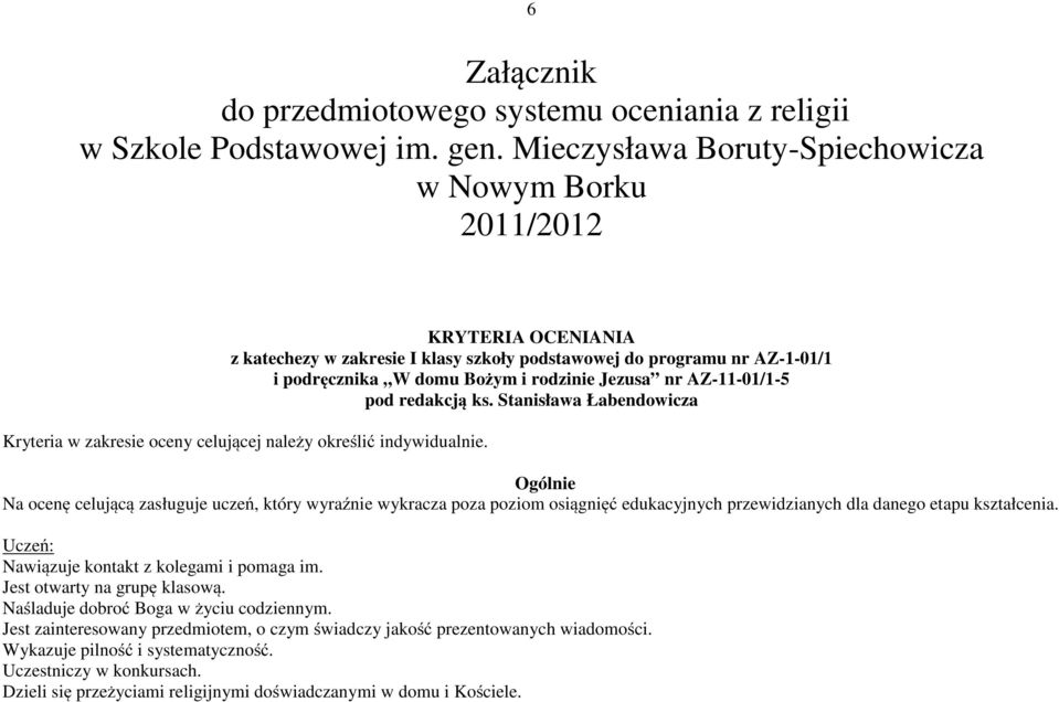 AZ-11-01/1-5 pod redakcją ks. Stanisława Łabendowicza Kryteria w zakresie oceny celującej należy określić indywidualnie.