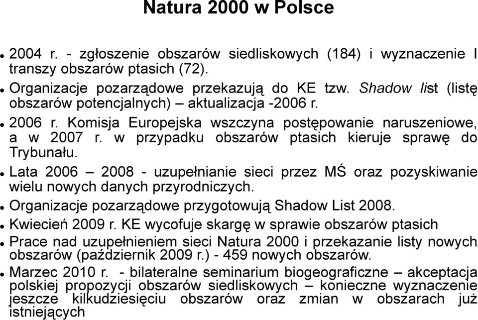 Lata 2006 2008 - uzupełnianie sieci przez MŚ oraz pozyskiwanie wielu nowych danych przyrodniczych. Organizacje pozarządowe przygotowują Shadow List 2008. Kwiecień 2009 r.