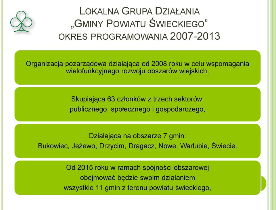 publicznego, społecznego i gospodarczego, Działająca na obszarze 7 gmin: Bukowiec, Jeżewo, Drzycim, Dragacz, Nowe,